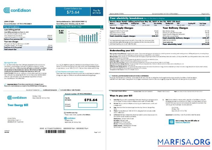 Printable USA Con Edison utility bill template in Word and PDF format, 2 pages (2021 April – present)